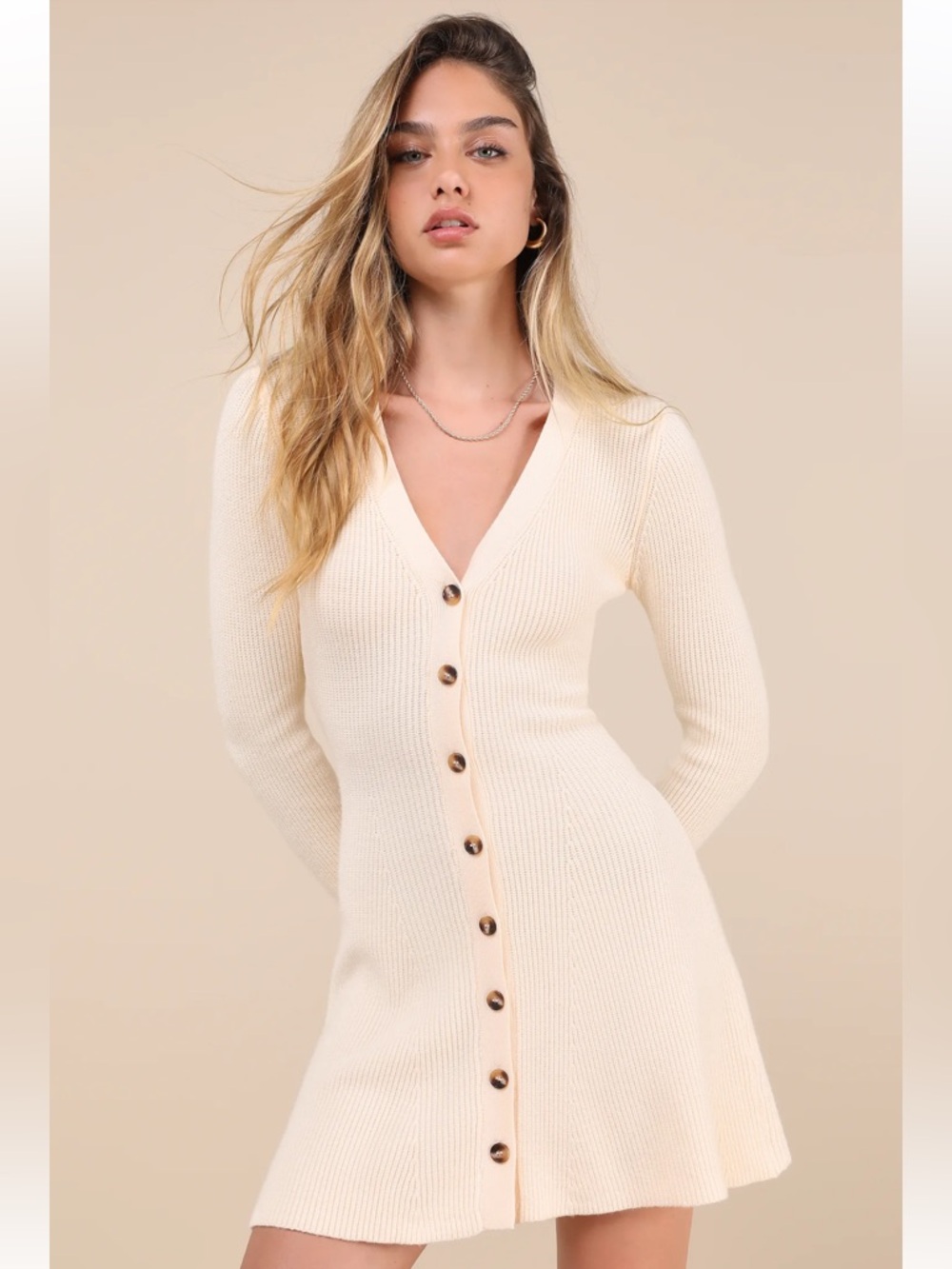 Lulu's Cream Ribbed V-Neck Button-Front Cardigan Dress Size Small